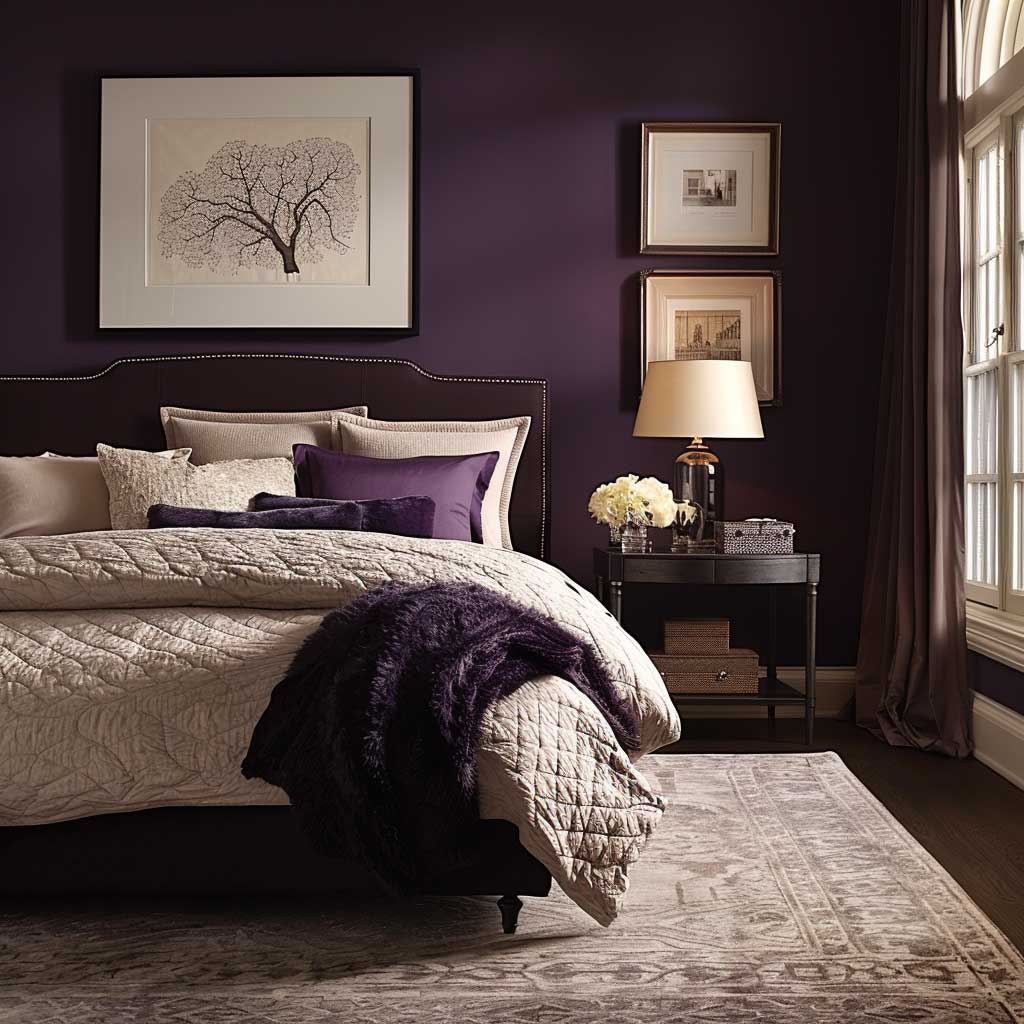 Envision a bedroom that marries the grandeur of royal elegance with the understated beauty of modern comfort. The walls are painted in a deep, rich purple, creating a striking backdrop. Against this, imagine a contemporary bed with plush, light-colored linens, offering a stark yet harmonious contrast. Sleek, modern furniture pieces dot the room, their clean lines and neutral colors enhancing the luxurious feel. Textured rugs and soft lighting add layers of warmth, creating a space that's both majestic and inviting.