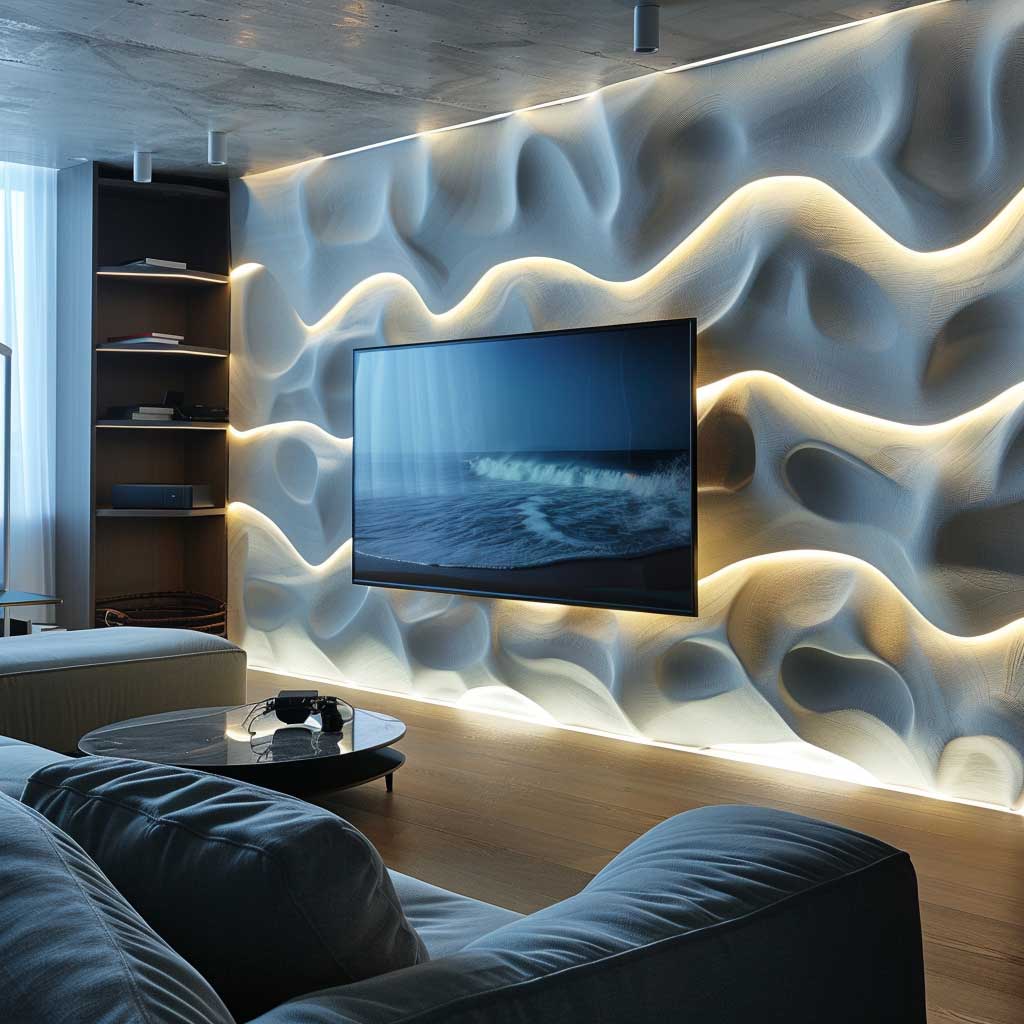 A cutting-edge entertainment room displaying a futuristic ambiance with a backlit PVC panel design for LED TV, where ambient lighting emanates softly from behind the panel, highlighting the contours and enhancing the viewing experience.
