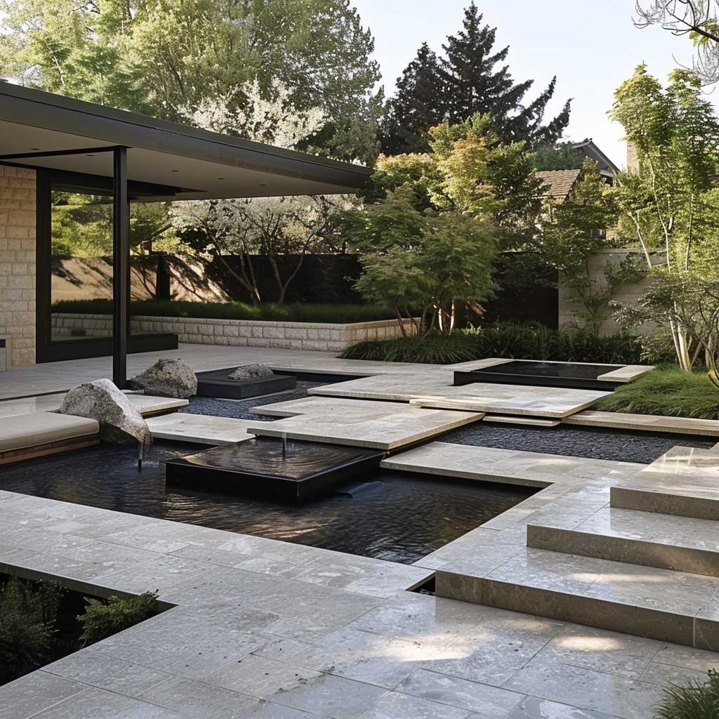 Envision an elegantly minimalist garden tailored for contemporary living, with clean lines and a monochromatic color scheme. Strategic use of hardscaping, like stone pathways and geometric patios, combines with a curated selection of sculptural plants to create a modern, low-maintenance landscape that complements the sleek aesthetics of a modern home.