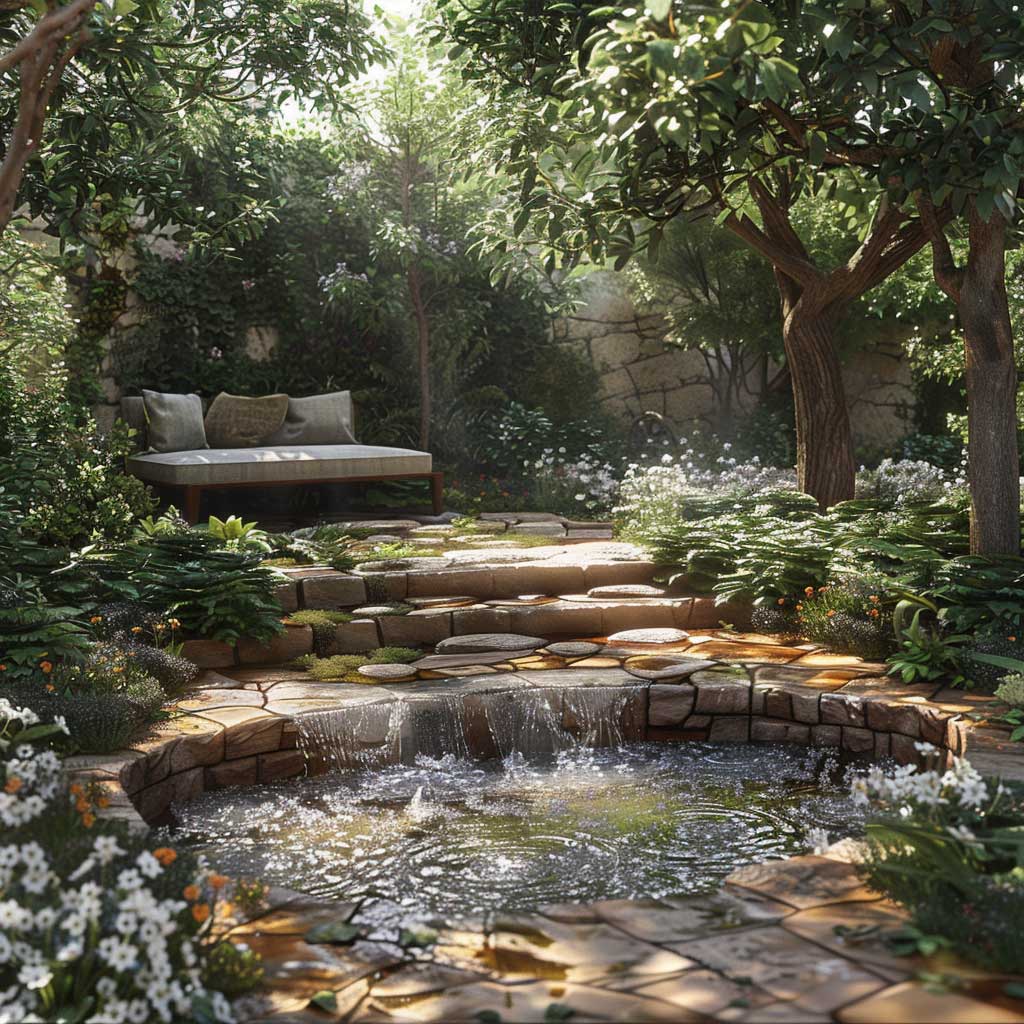 Picture a serene garden scene where simplicity and tranquility take center stage. This landscape features a small, gently bubbling water feature surrounded by a modest selection of shade-loving plants and a quaint seating area. The design focuses on creating a peaceful retreat from the hustle and bustle of daily life, using a limited palette of materials and colors for a calming effect.