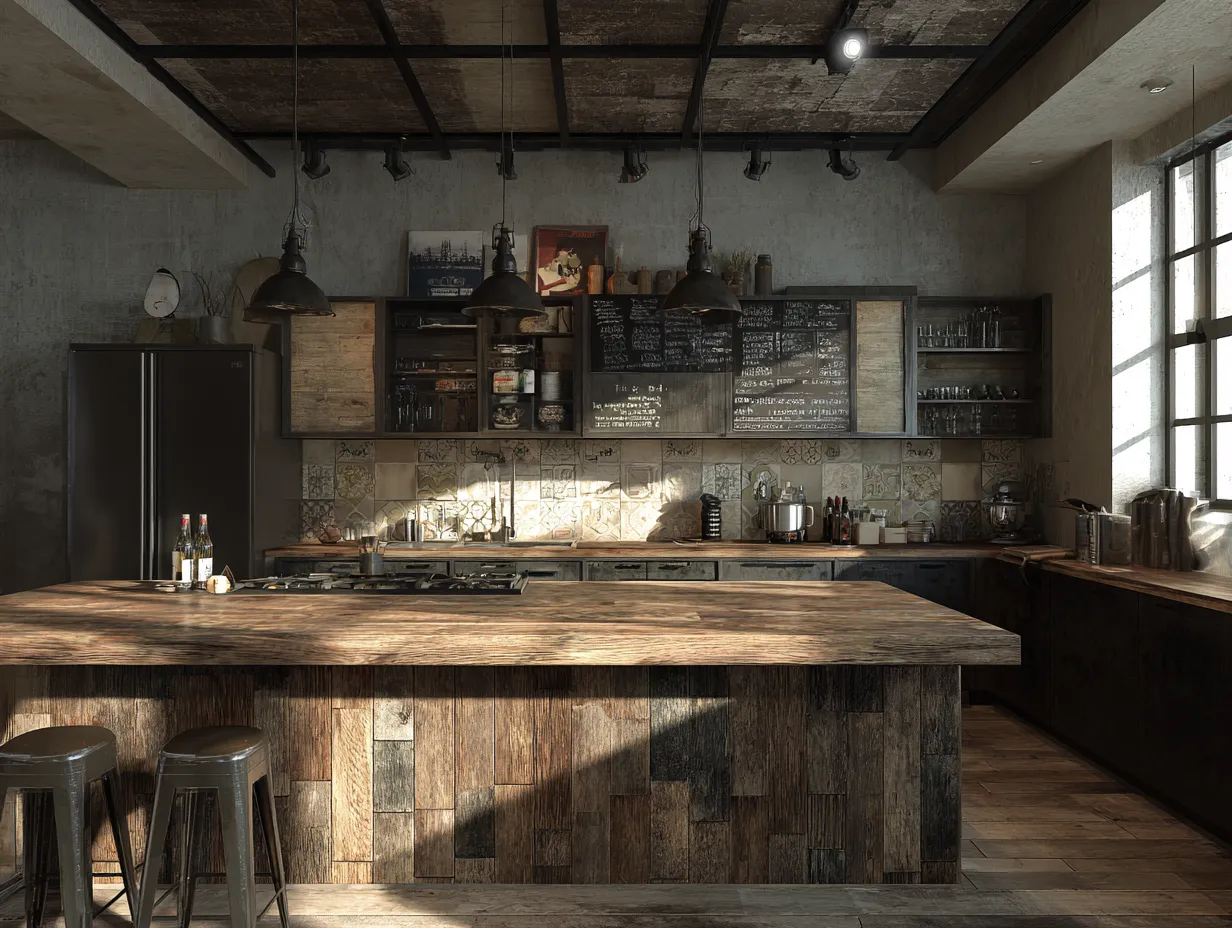 industrial kitchen design with Edison pendant lighting