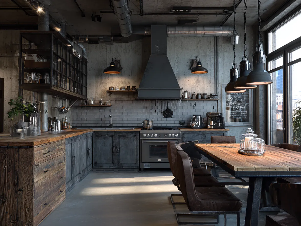 minimalist industrial kitchen design with wood accents
