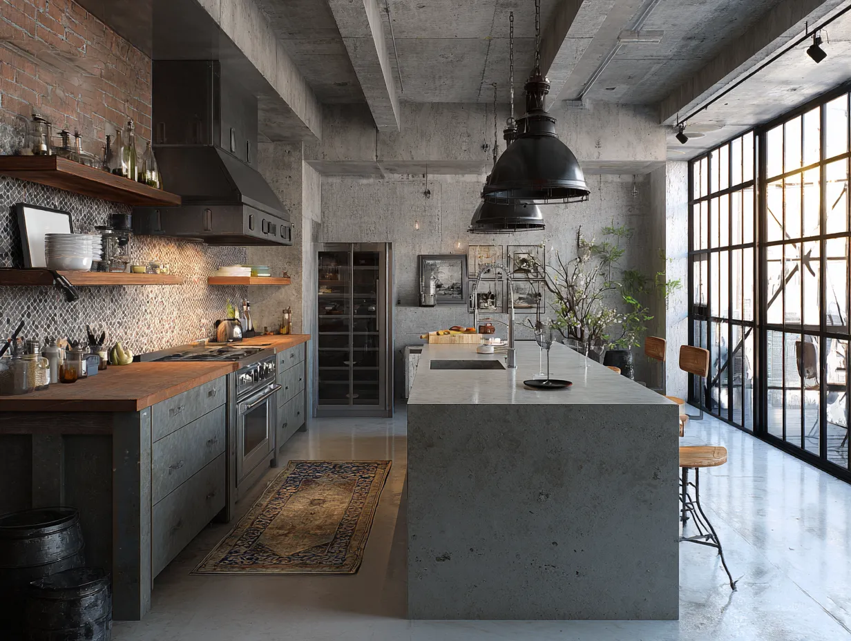 modern industrial kitchen island with concrete top