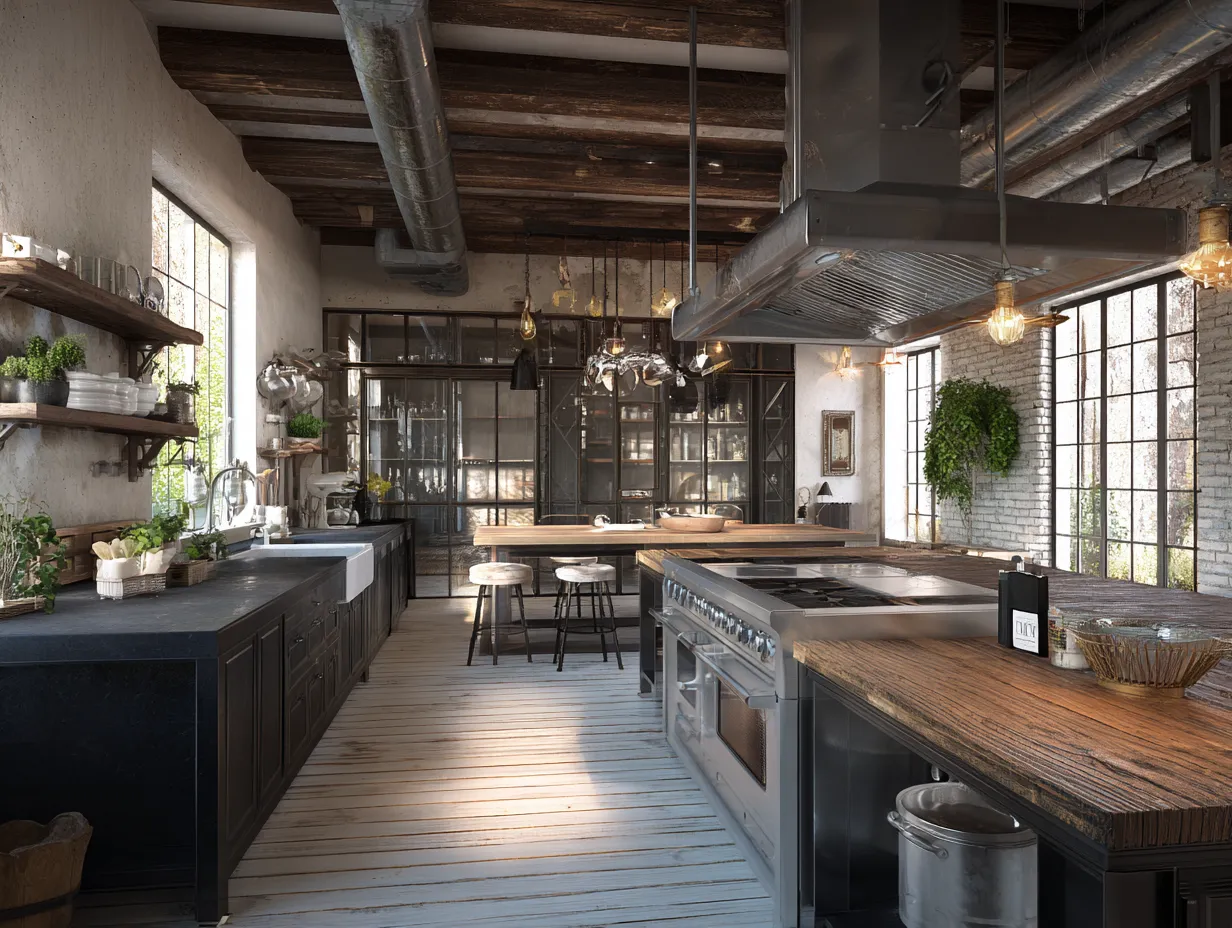 industrial chic kitchen with exposed brick walls