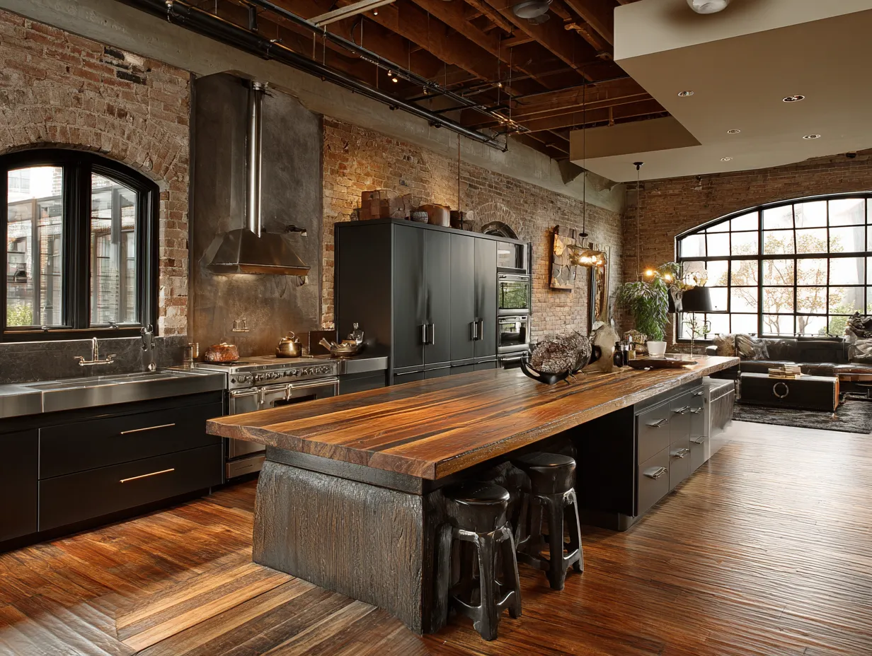 urban industrial kitchen design with high ceilings