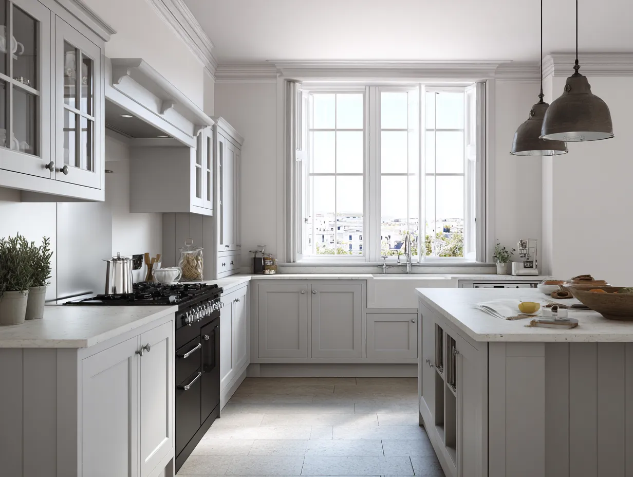 Light grey kitchen ideas including shaker style cabinets.