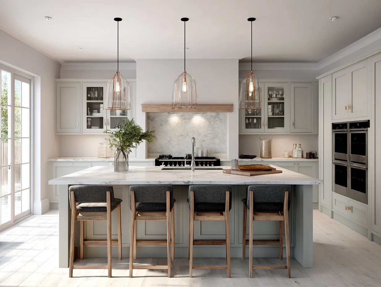 Elegant light grey kitchen ideas with brass hardware.