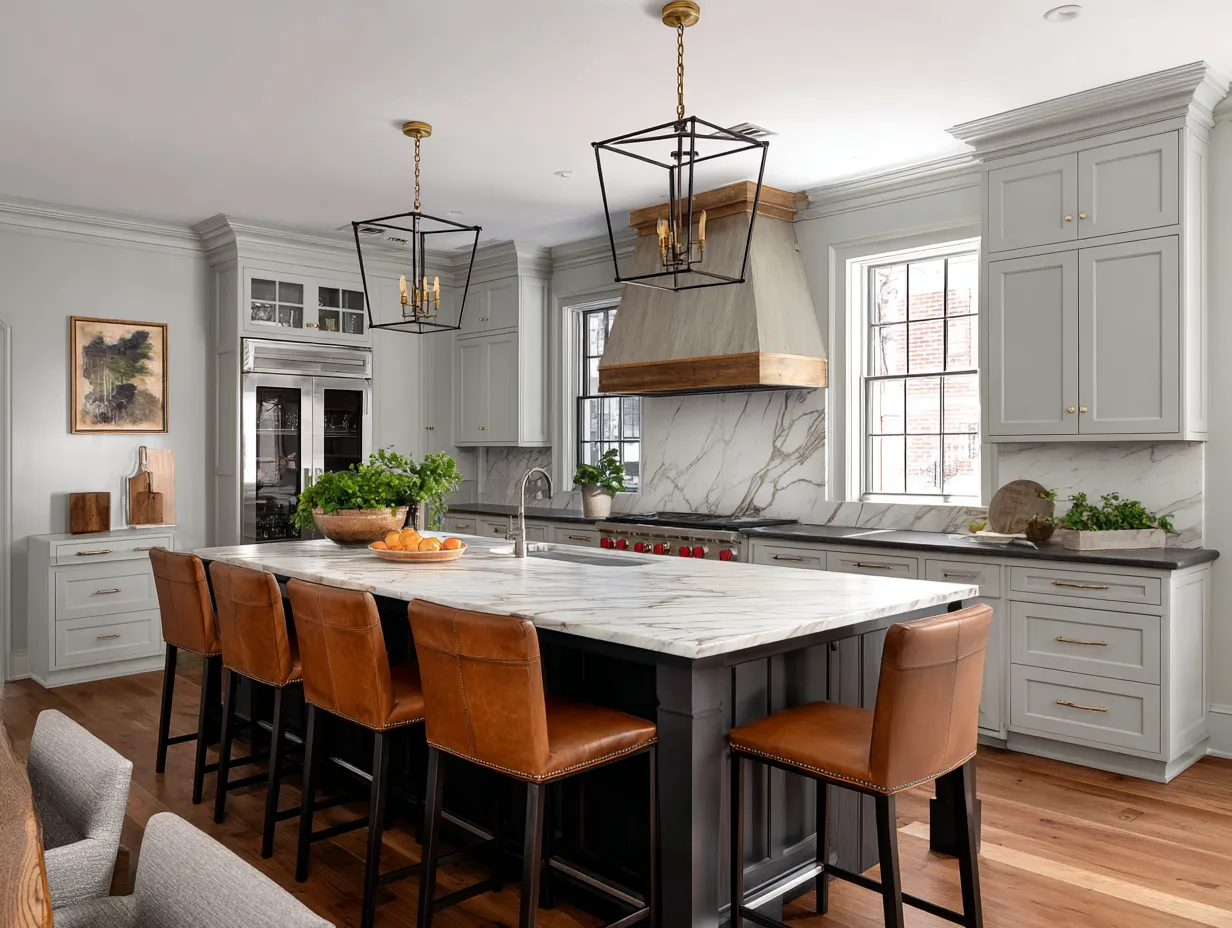 Minimalist light grey kitchen ideas with quartz countertops.