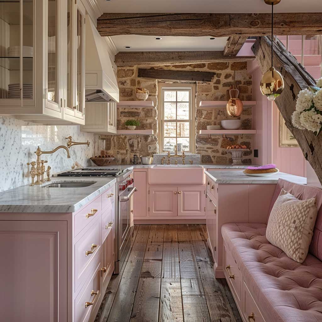Timeless Charm with Pink Kitchen Cabinets - 3