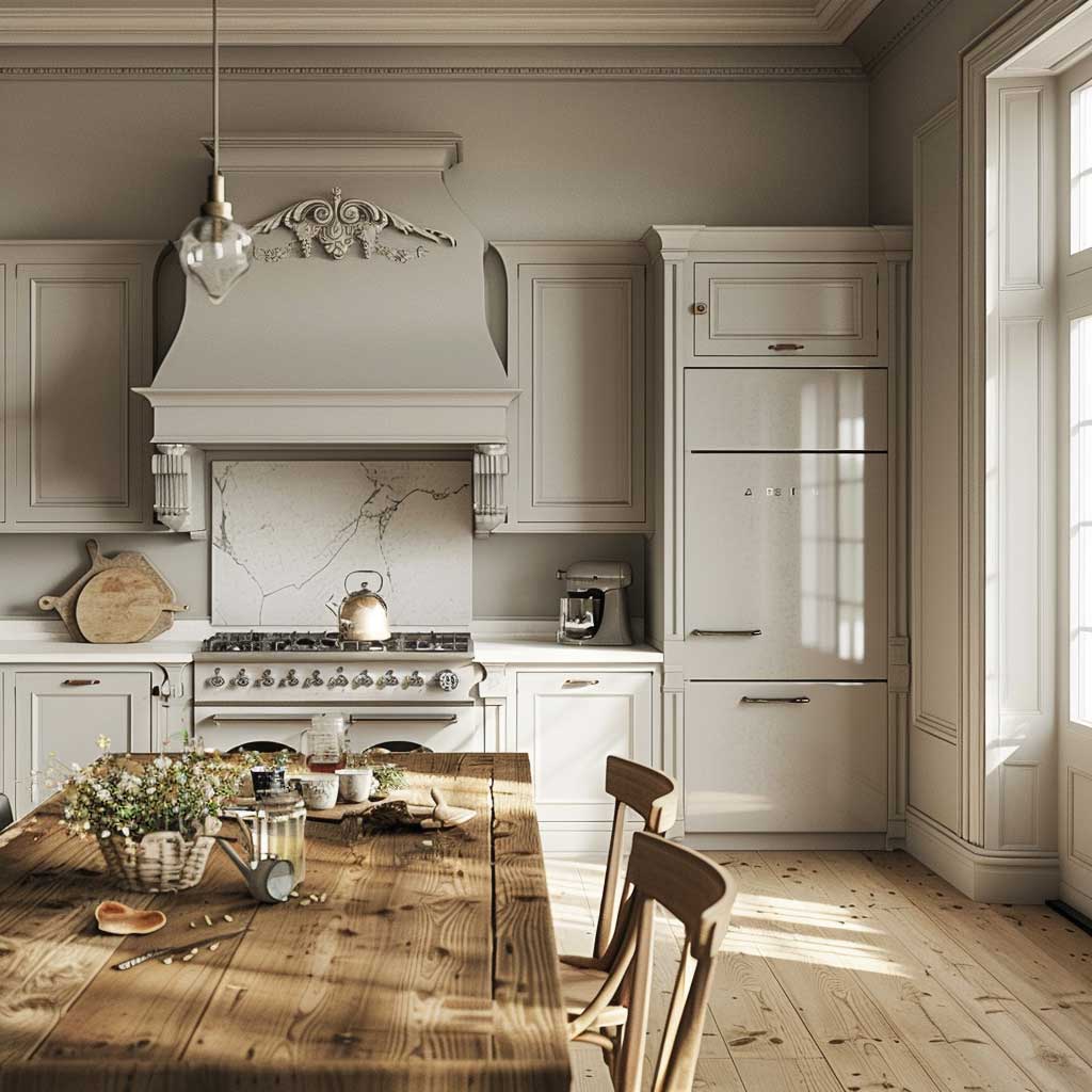 Timeless light grey kitchen designs featuring vintage appliances.