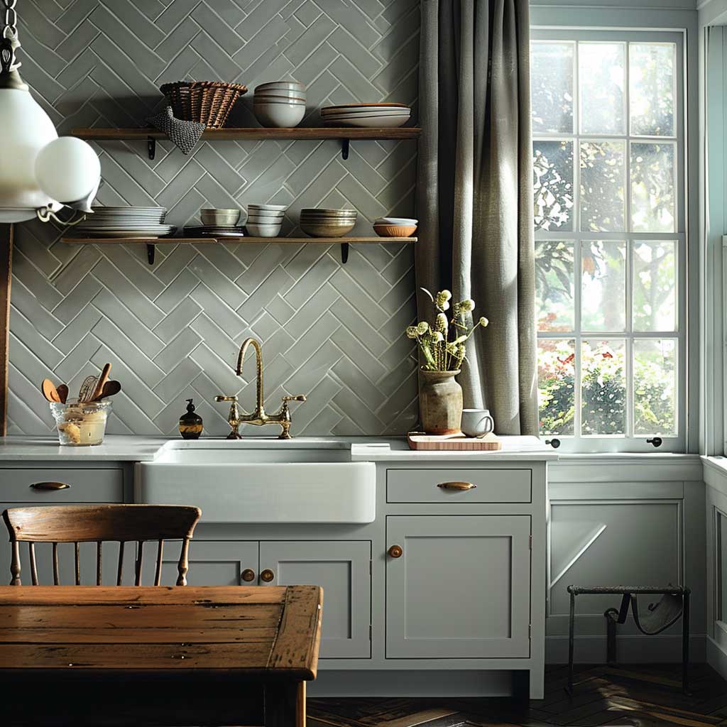 Creative light grey kitchen ideas with tile backsplash.