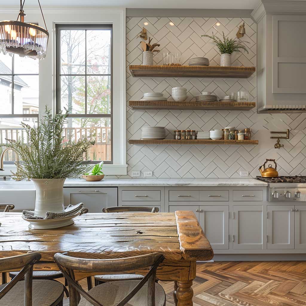 Light grey and white kitchen with open wood shelving.
