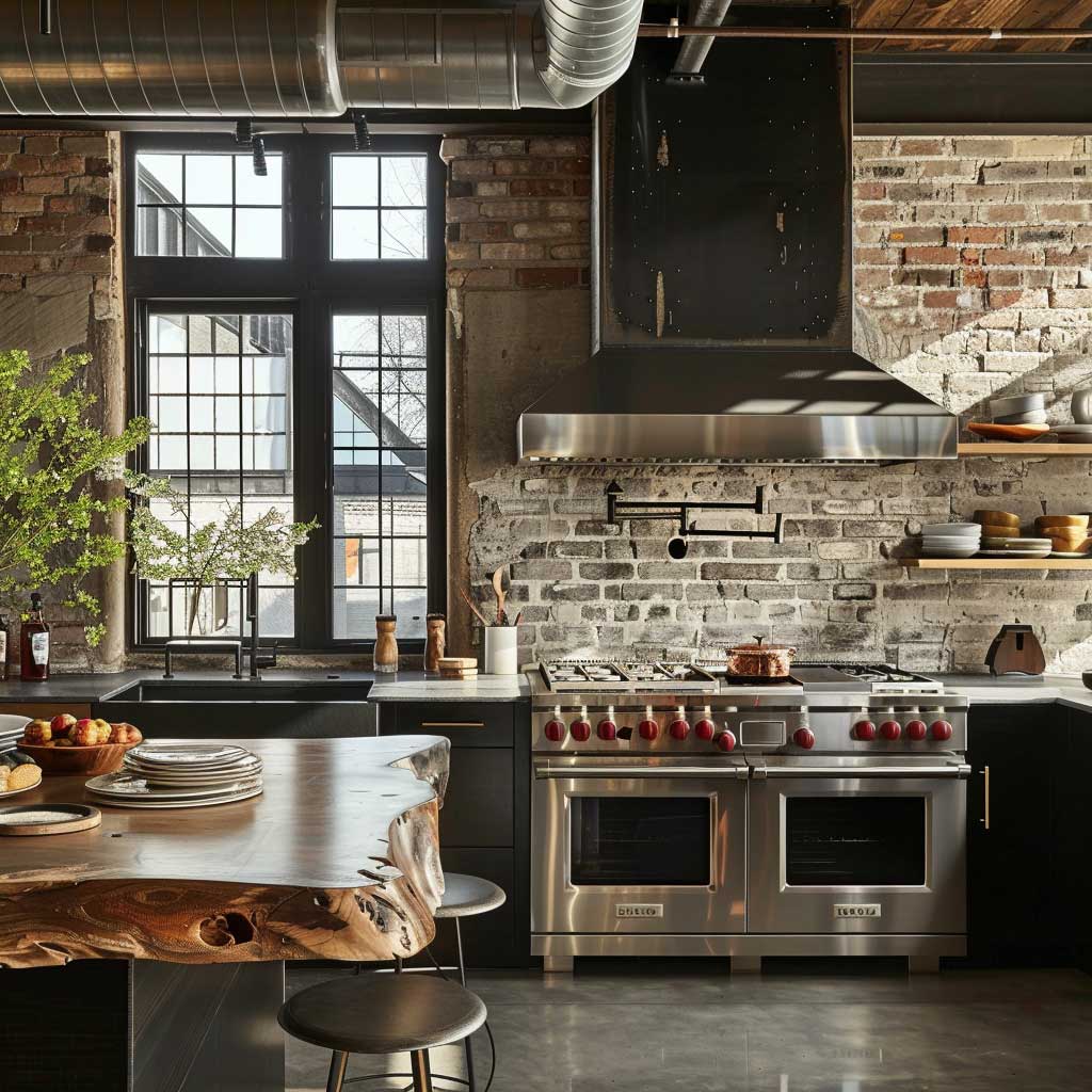industrial chic kitchen with reclaimed wood table
