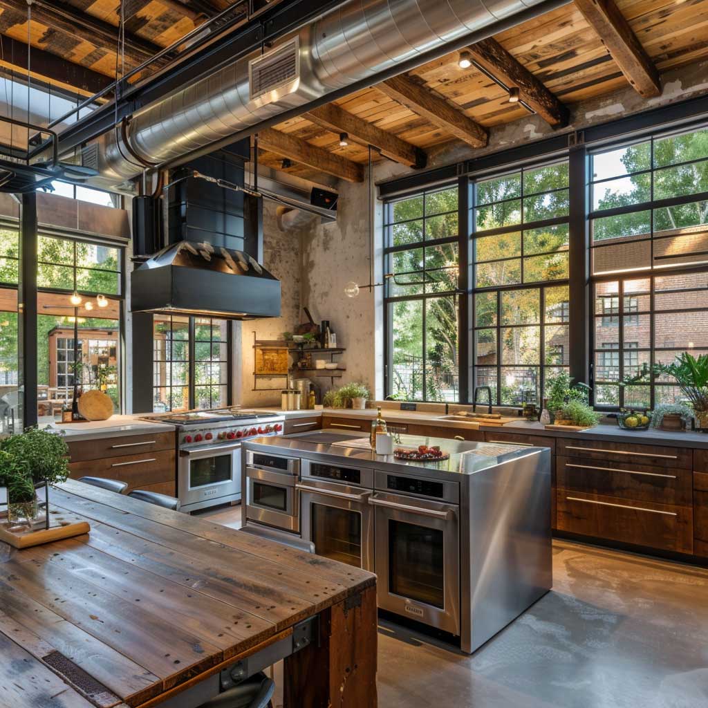 warm industrial chic kitchen with brick wall