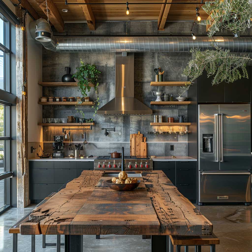 industrial chic kitchen with open pipe shelving