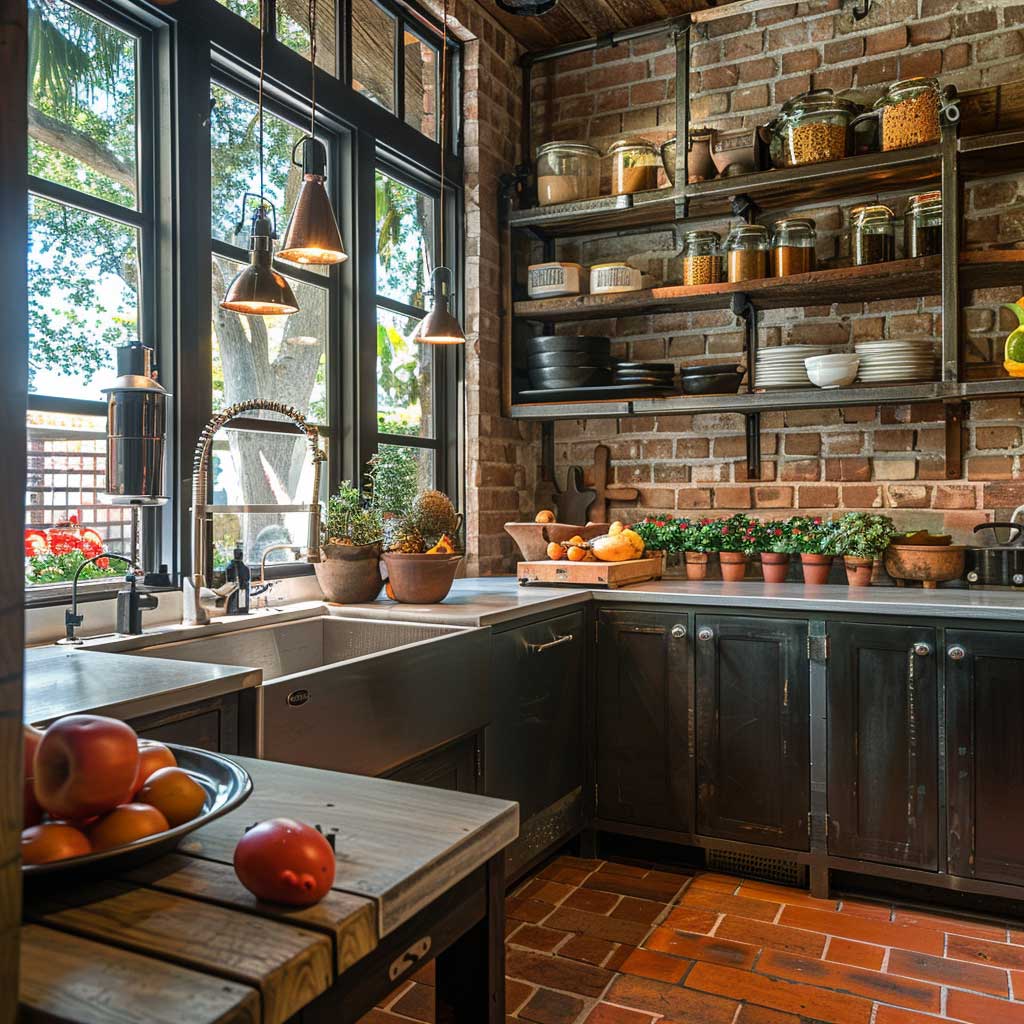 modern industrial kitchen island with leather stools