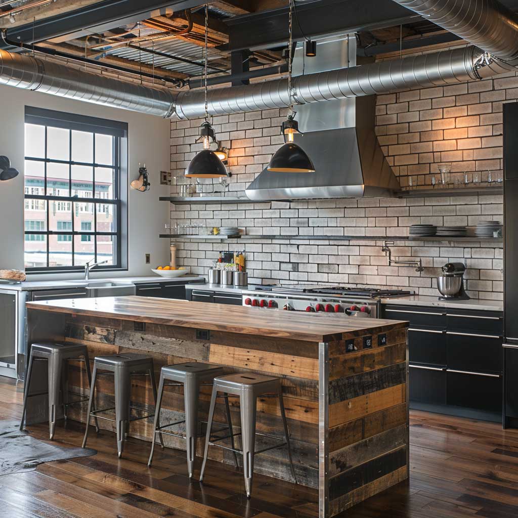 industrial chic kitchen with vintage lighting fixtures