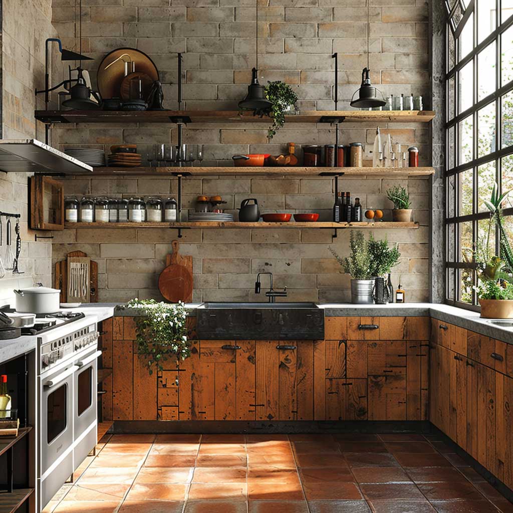 modern industrial kitchen with waterfall edge island