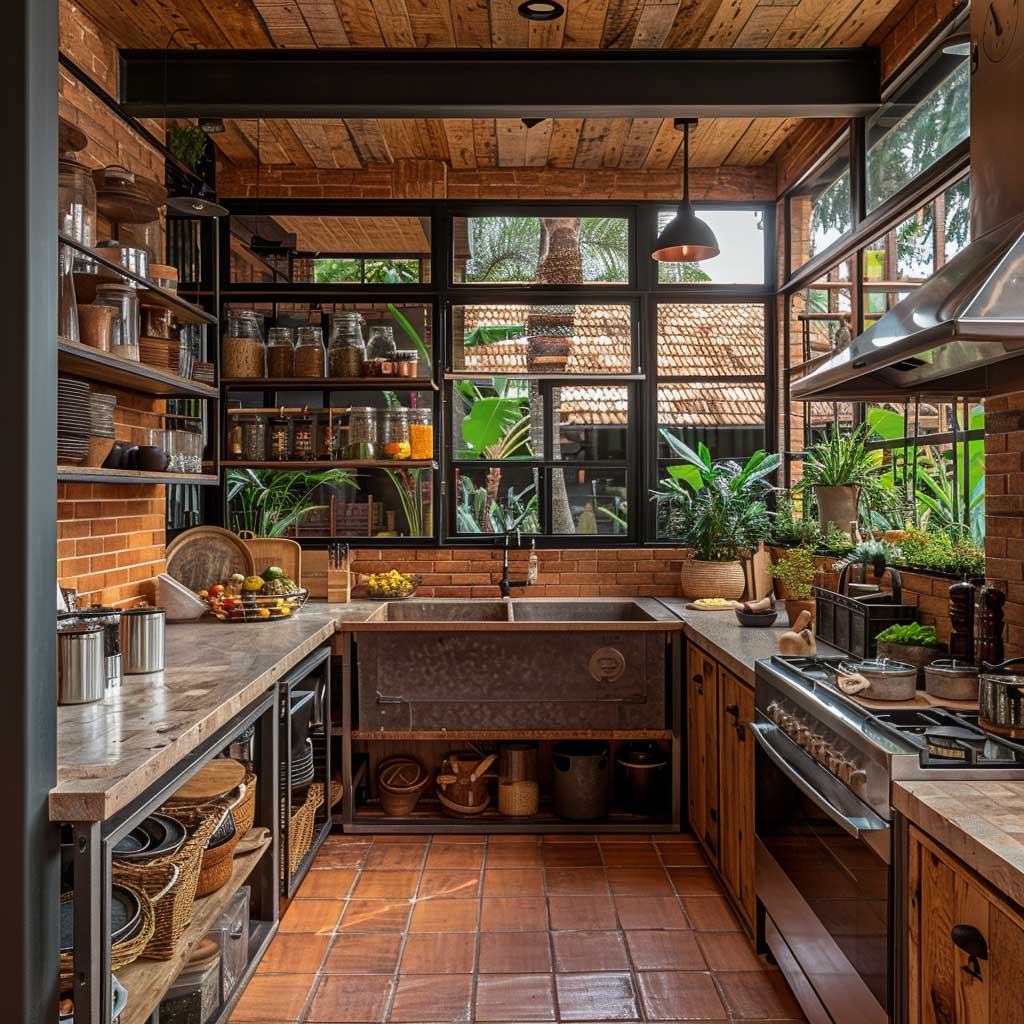modern industrial kitchen with terracotta tiles