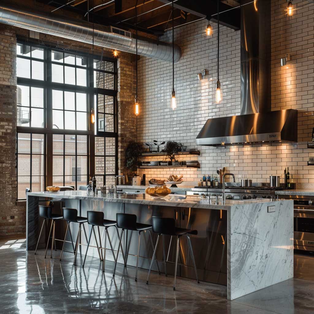 bright minimalist industrial kitchen design concept