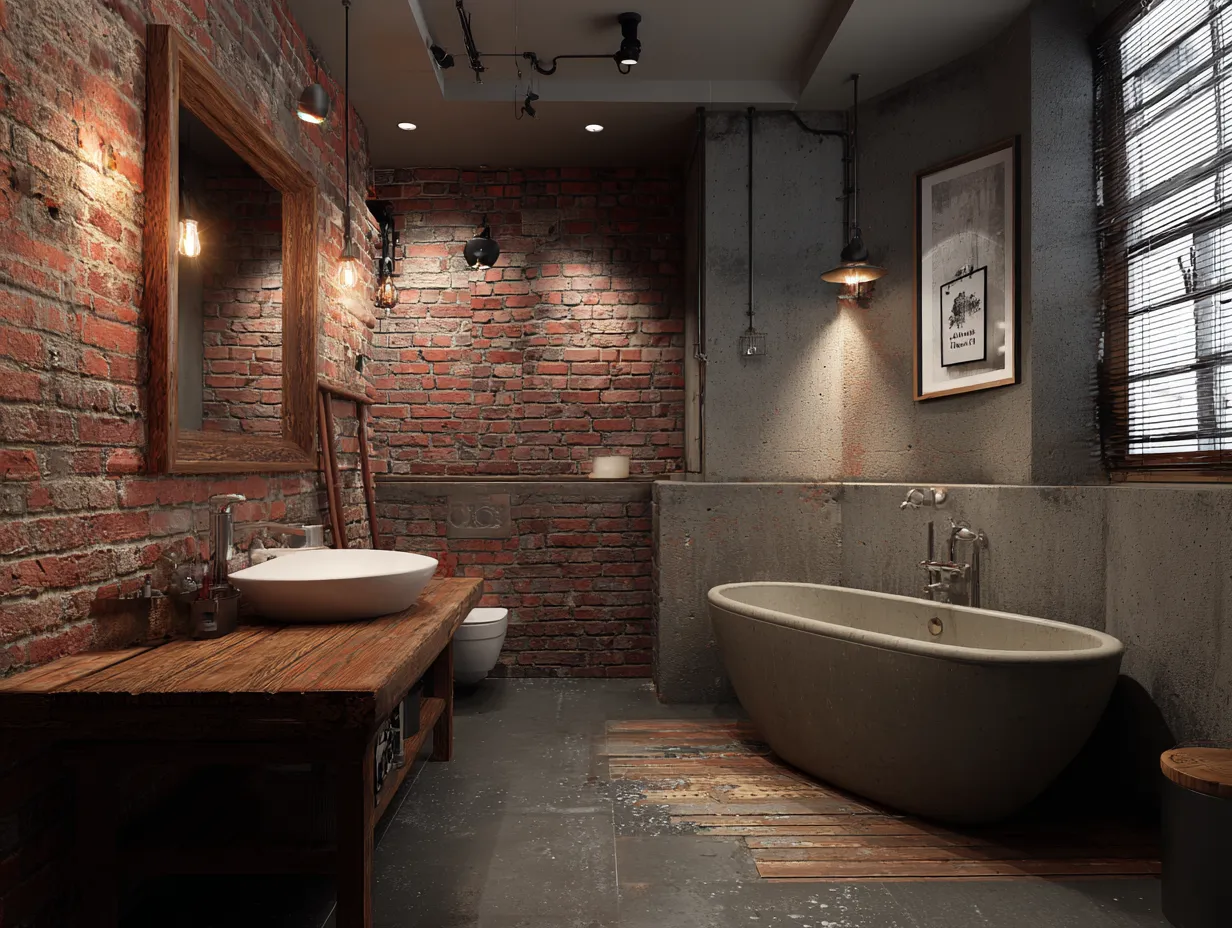 exposed brick bathroom with warm lighting