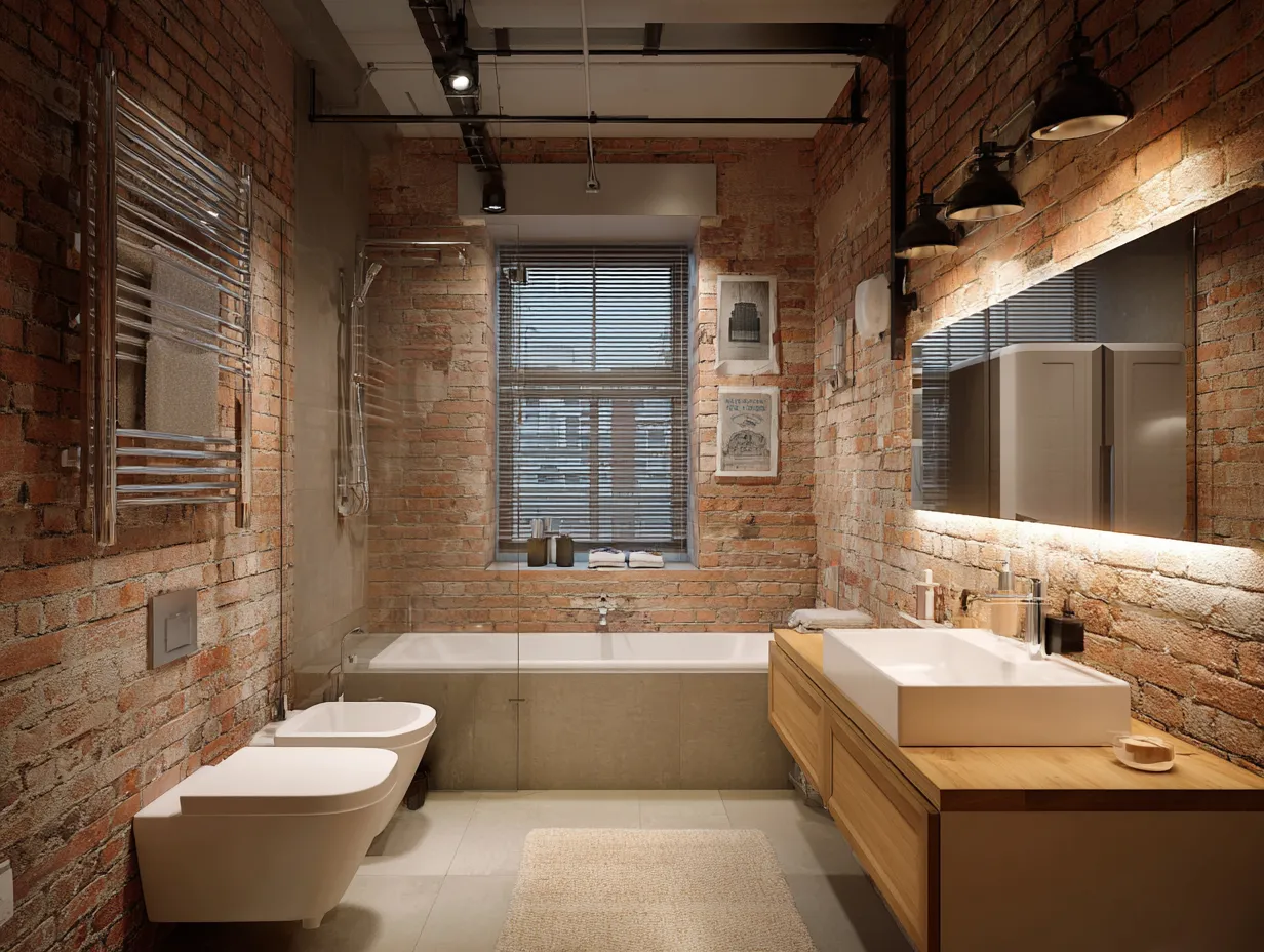 exposed brick bathroom with modern fixtures