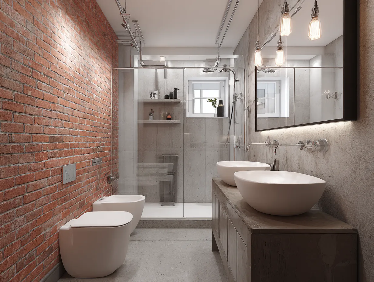exposed brick wall in modern bathroom