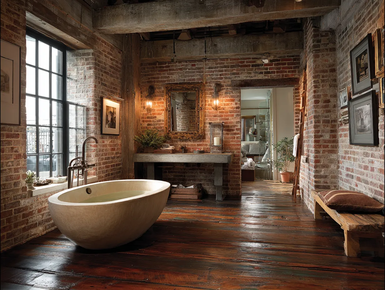 exposed brick bathroom wall and white fixtures