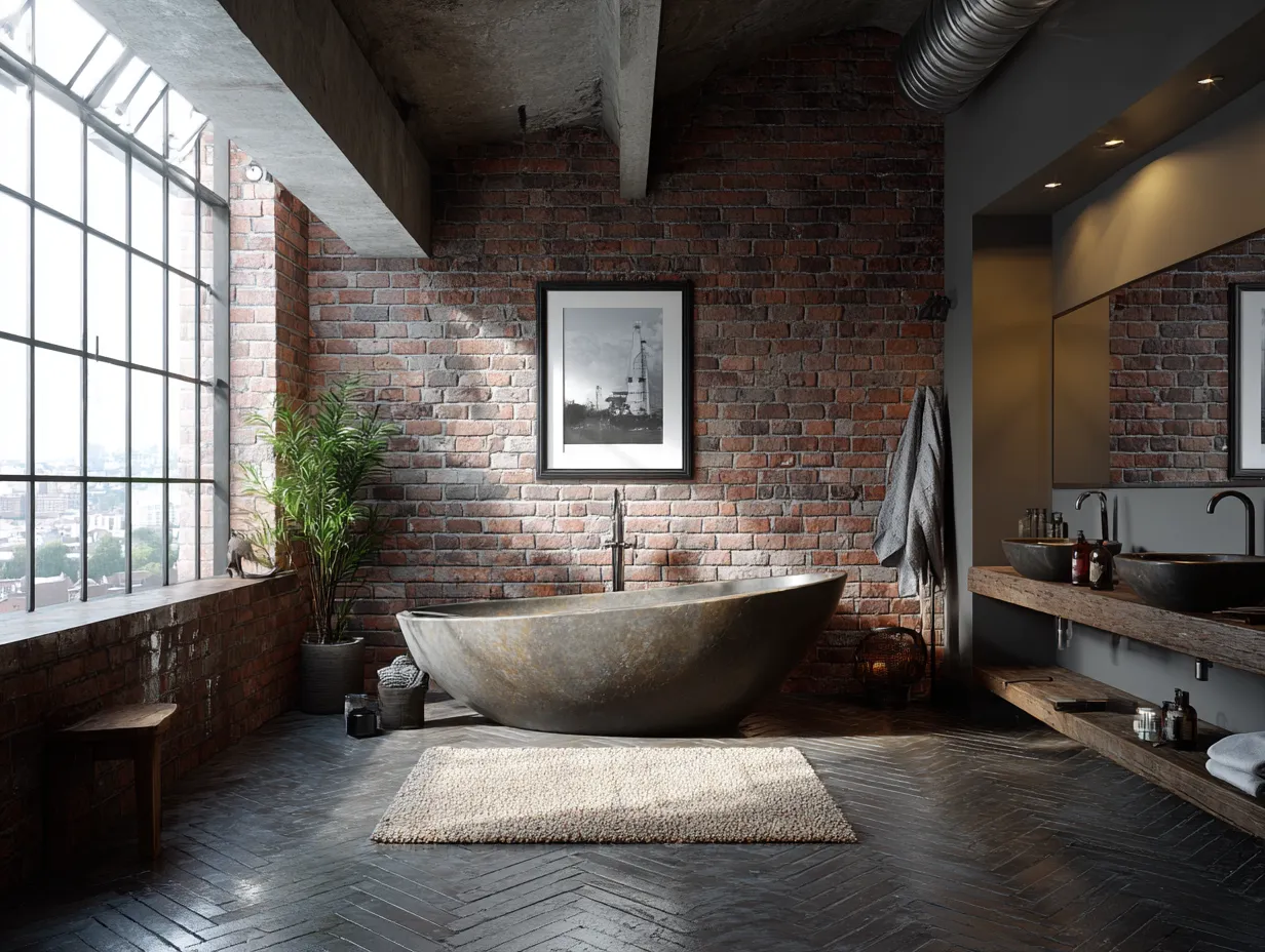 exposed brick bathroom with vanity