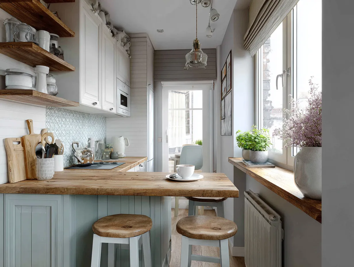 narrow kitchen with breakfast bar