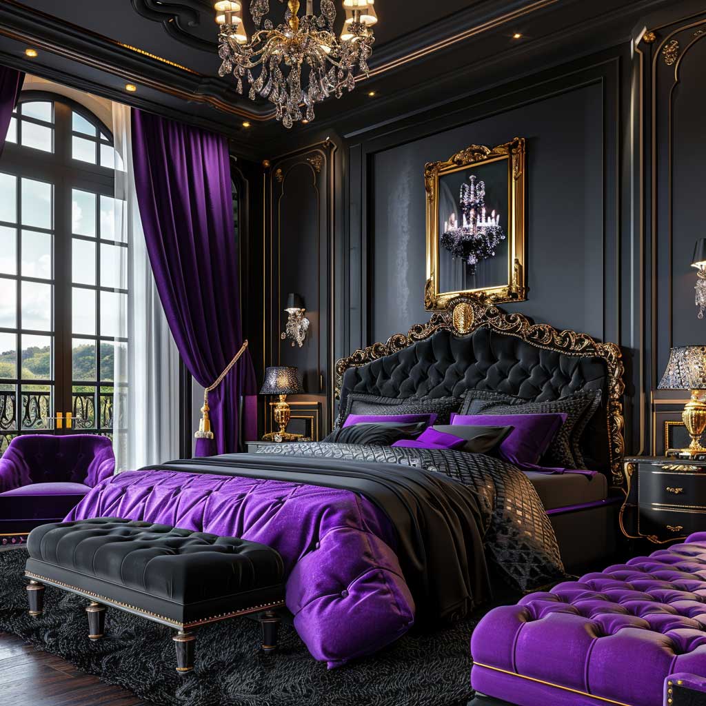 black and purple bedroom decor with velvet headboard