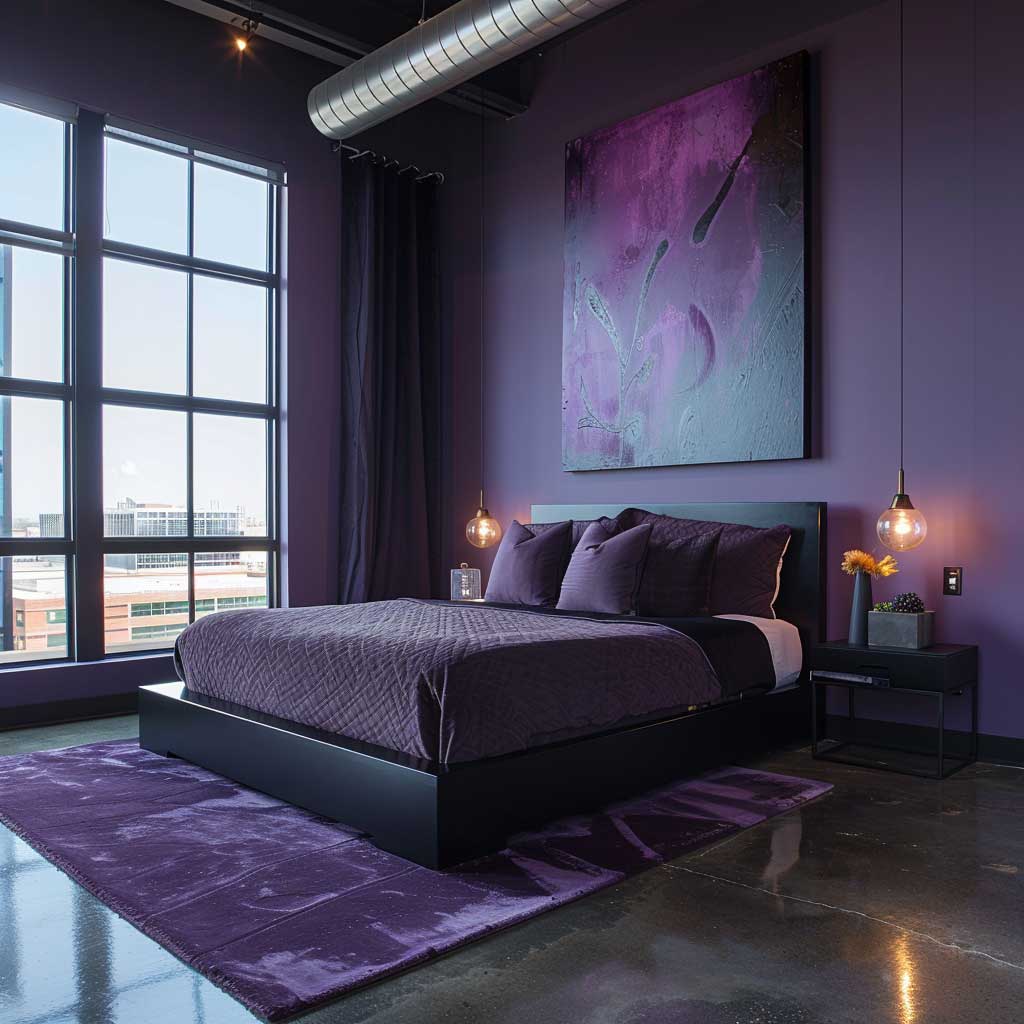 purple and black room with concrete floor