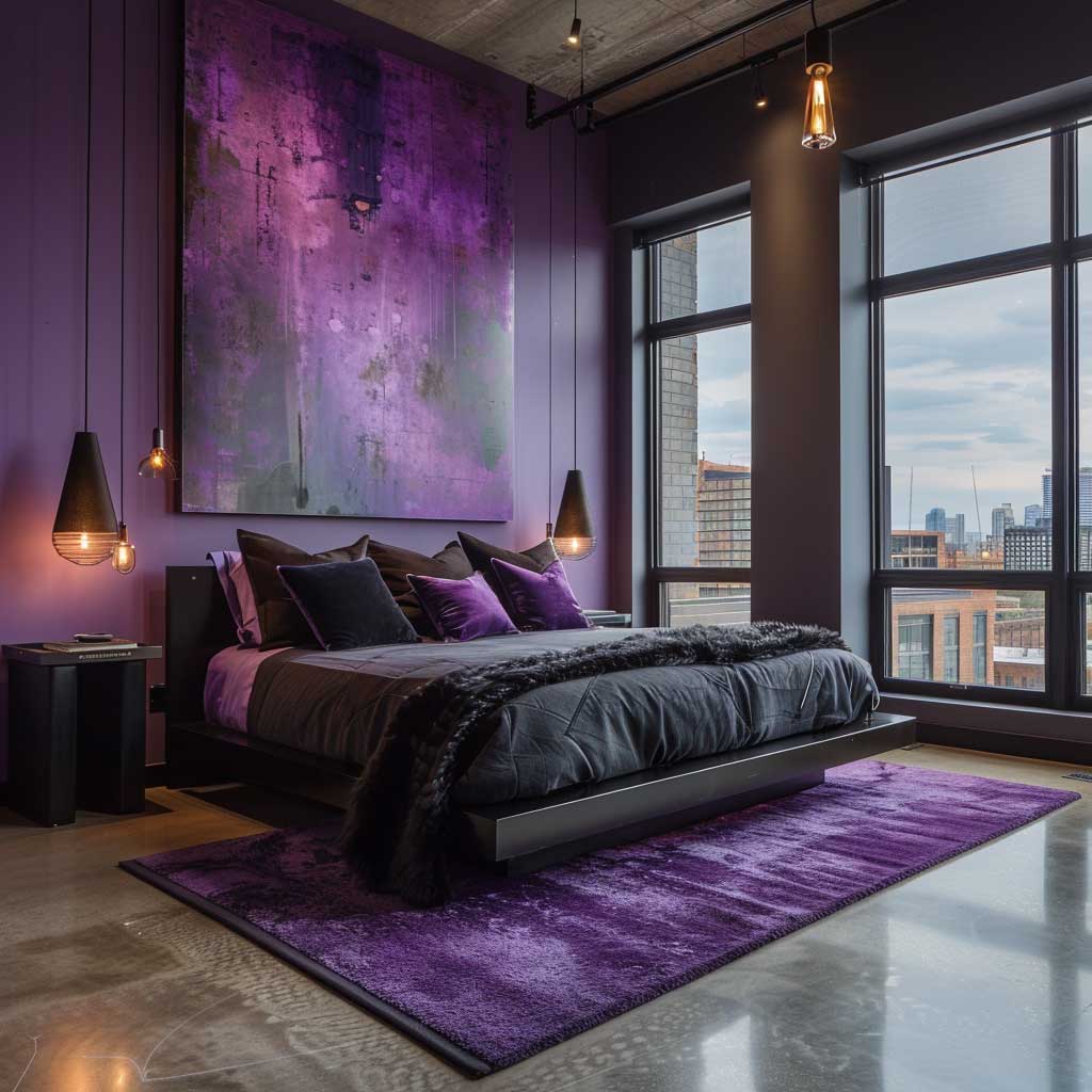 black and purple bedroom decor with abstract art