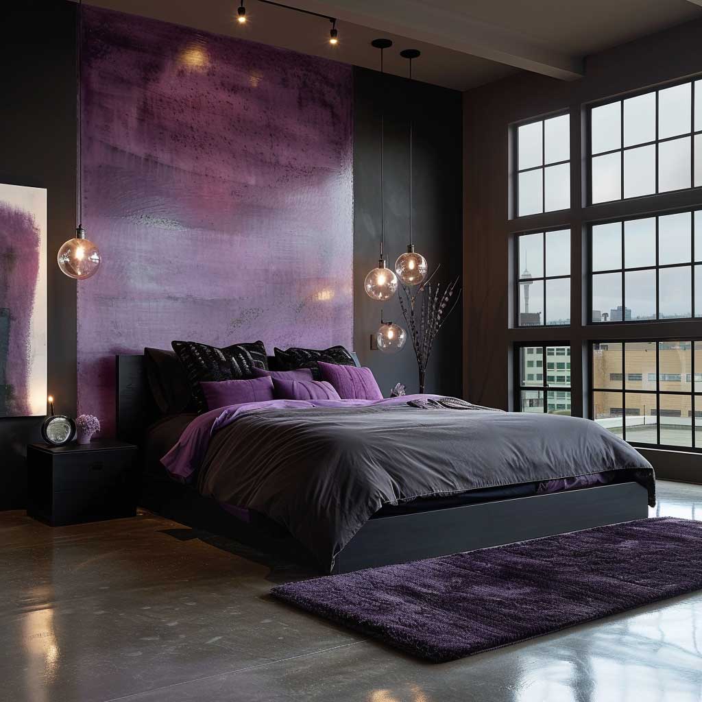 black and purple bedroom with pendant lighting