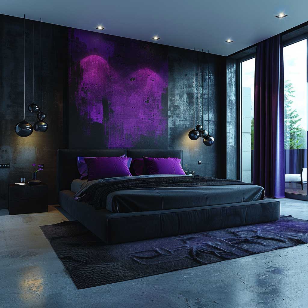 modern black and purple bedroom with minimal furniture
