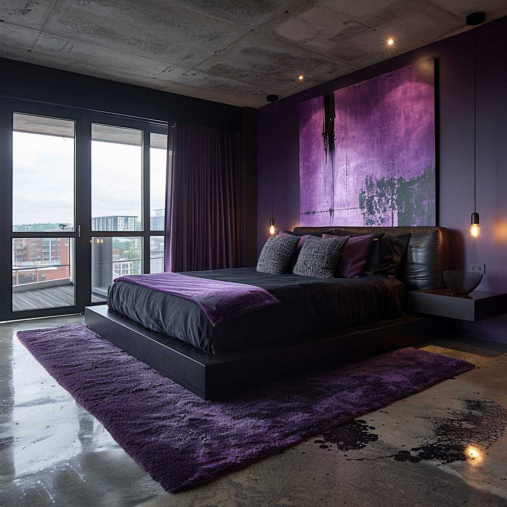 black and purple colour combination in modern bedroom