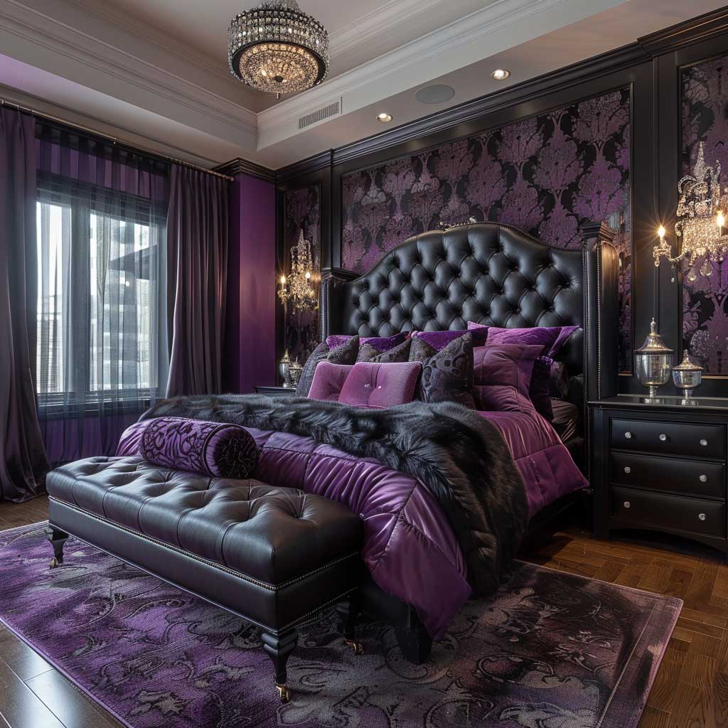 purple and black bedroom designs with silk bedding
