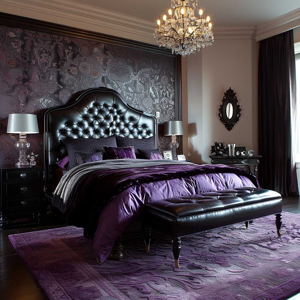 sophisticated black and purple bedroom design