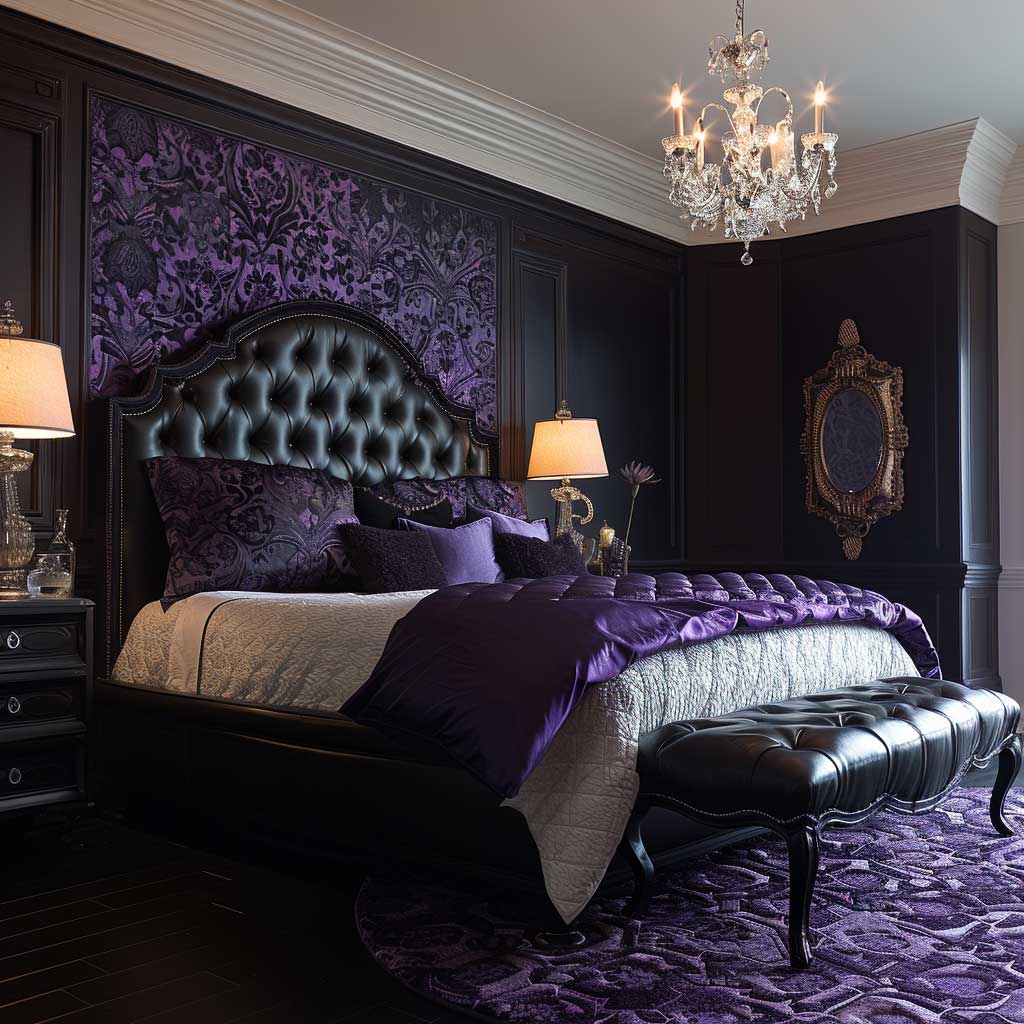 purple and black bedroom with dark wood furniture