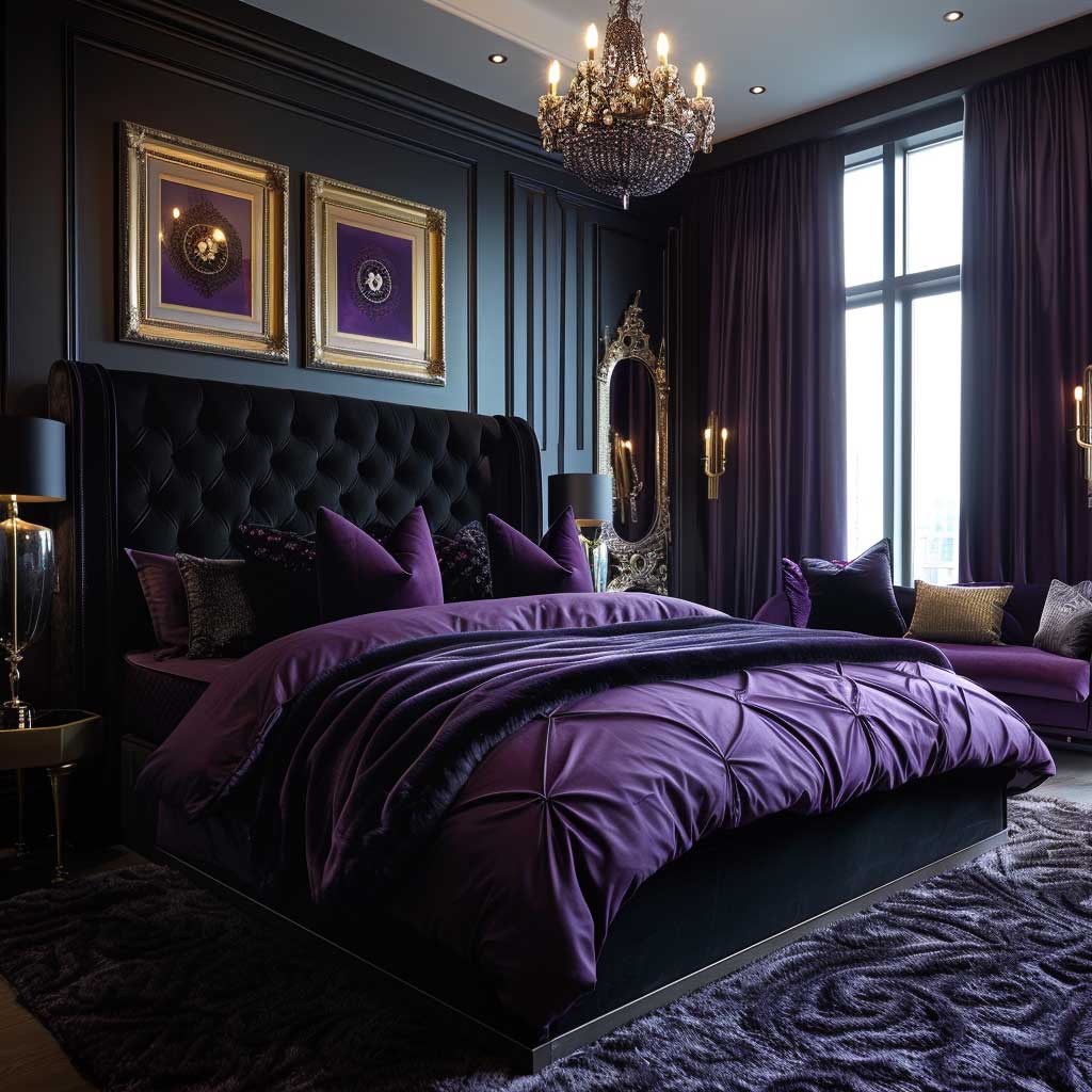 luxurious black and purple bedroom interior
