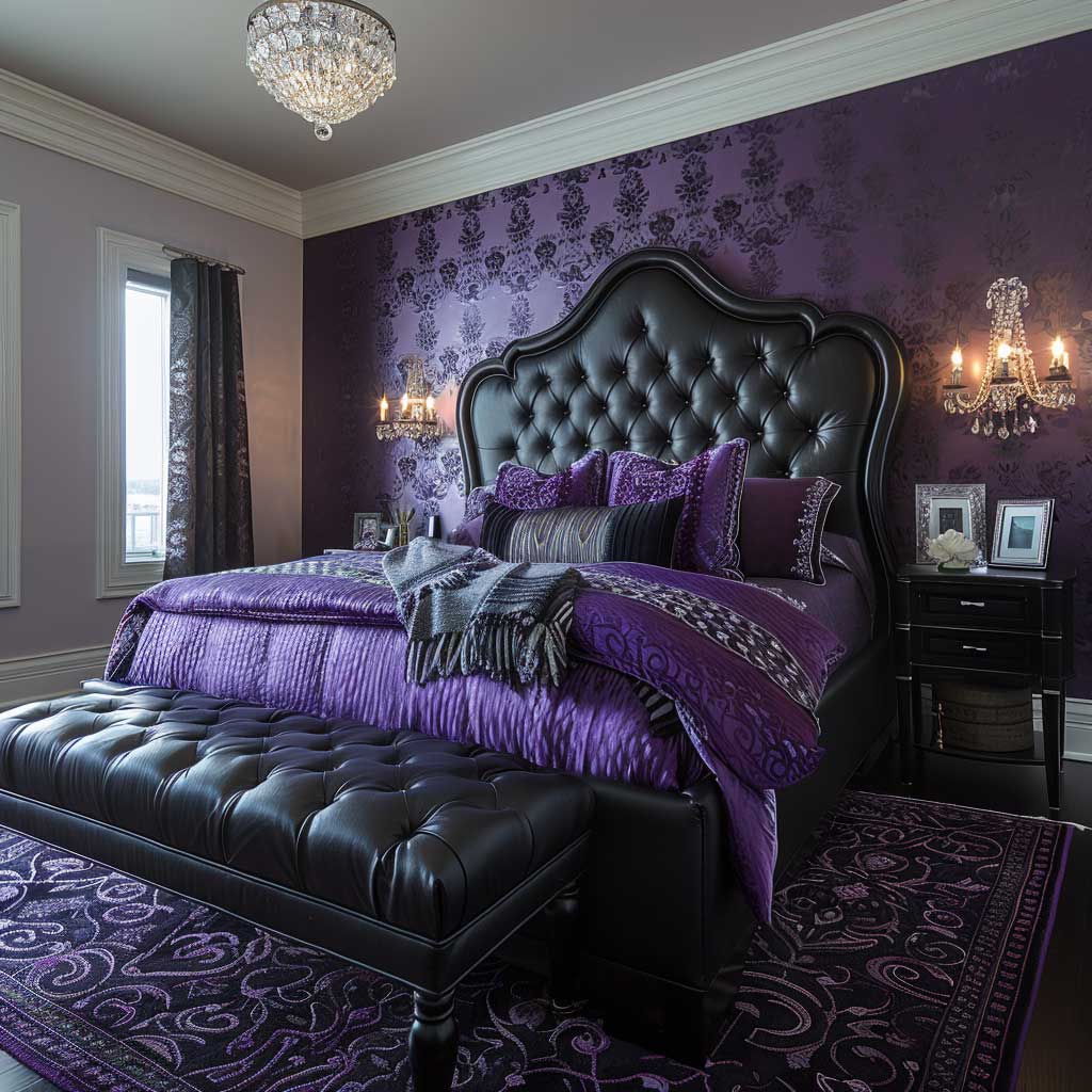 black and purple bedroom decor with patterned wallpaper