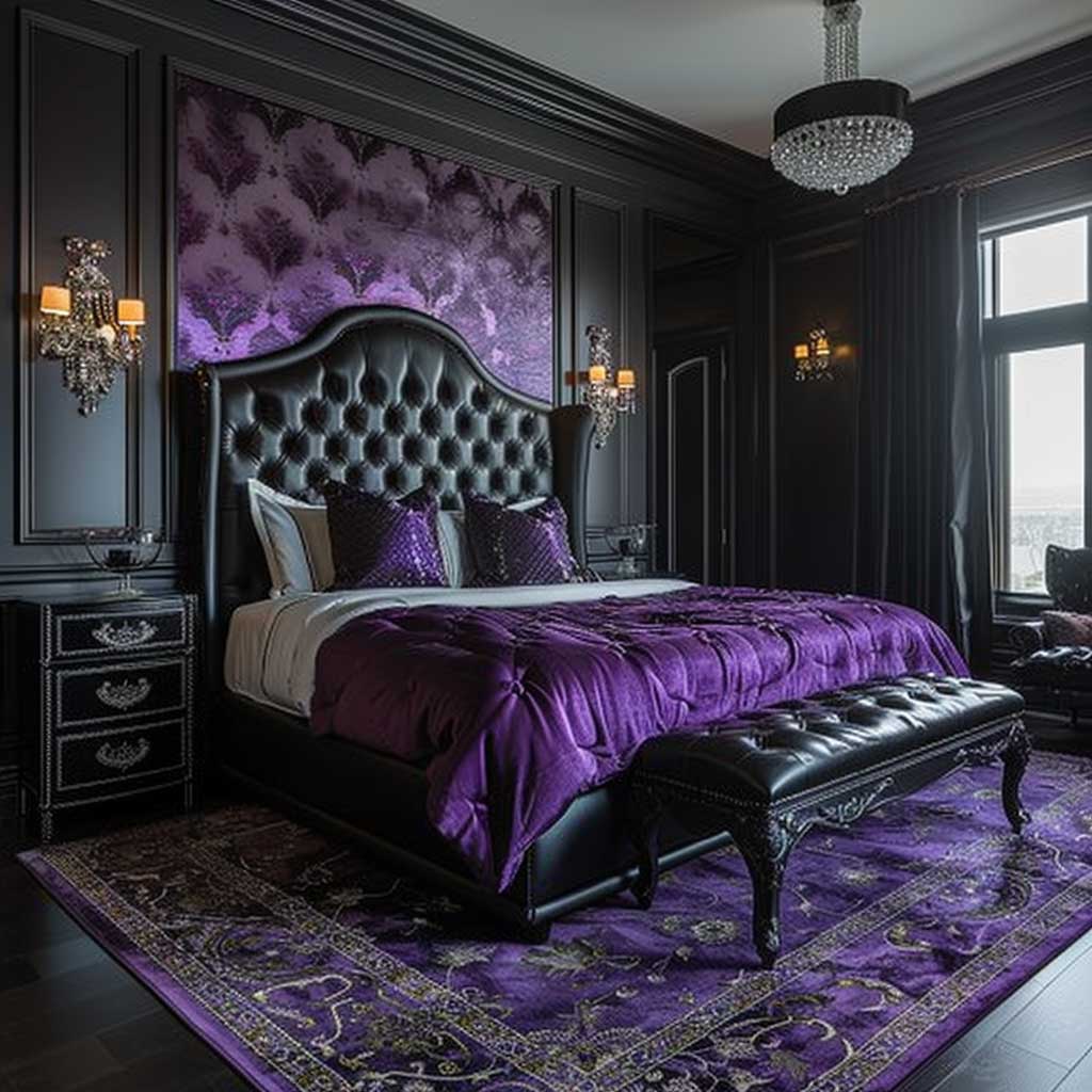 black and purple bedroom with crystal chandelier