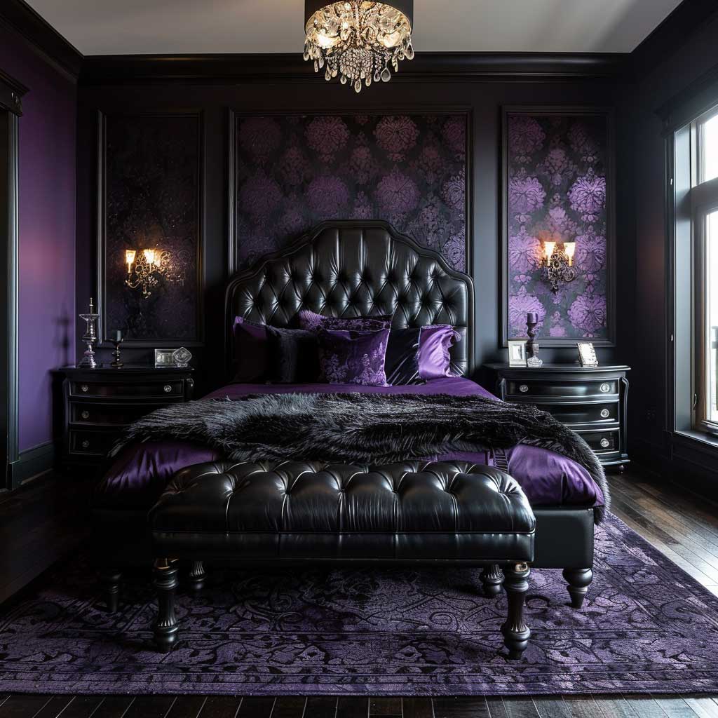 purple and black bedroom ideas with decorative mirror