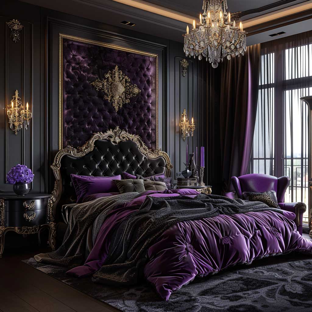 black and purple bedroom ideas with gold accents