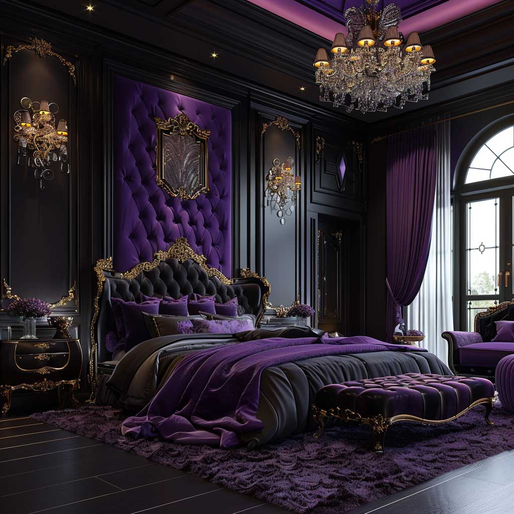 purple and black bedroom with chandelier