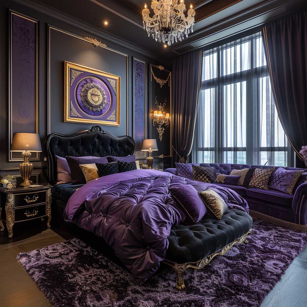 black and purple room with plush armchairs