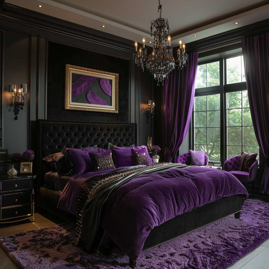 purple and black bedroom walls with sheer curtains