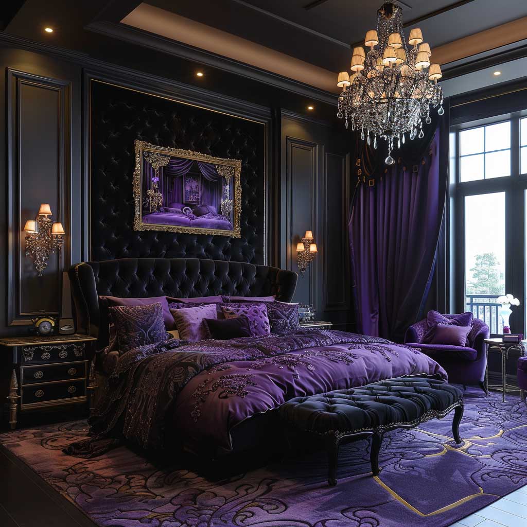 black and purple bedroom set with silk bedding