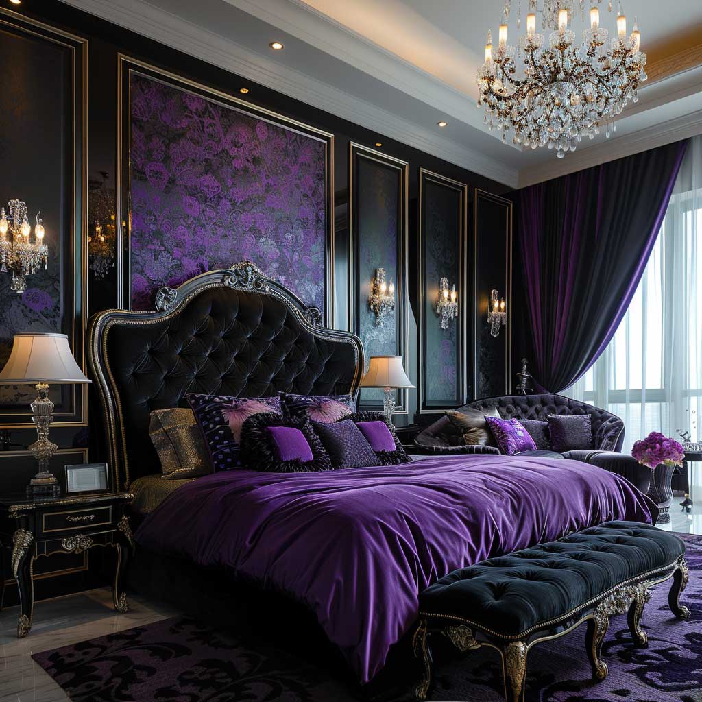 purple and black bedroom decor with ambient lighting