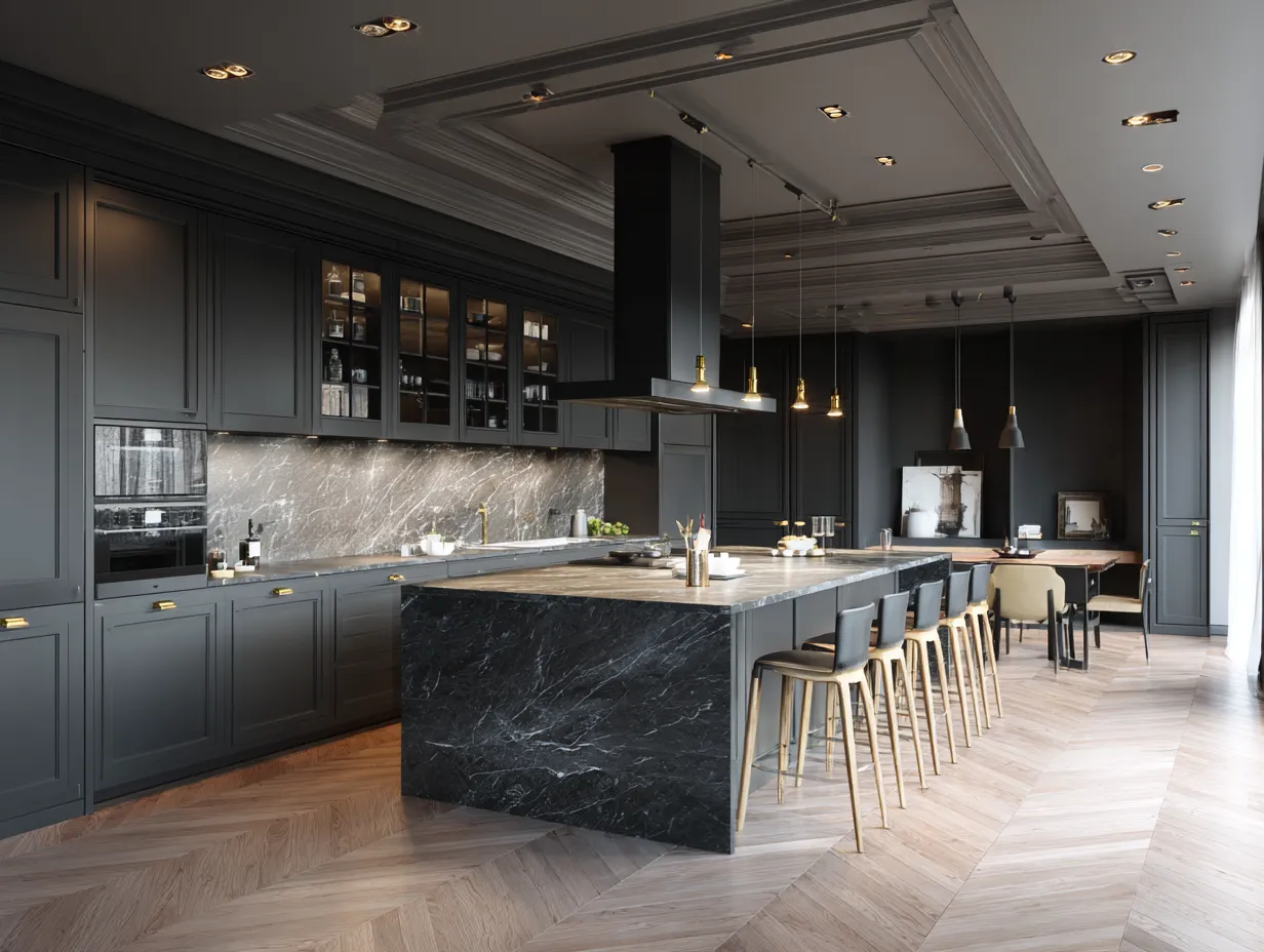 dark grey and black kitchen layout